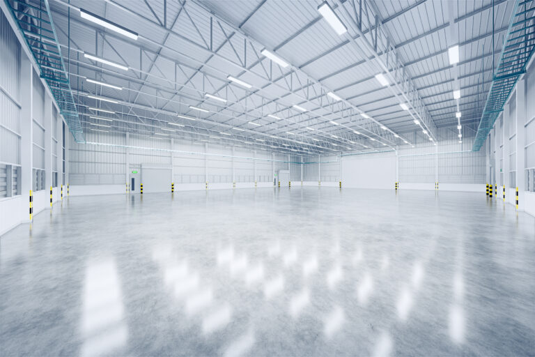 3d rendering of empty warehouse and shutter door and concrete floor for industrial background.